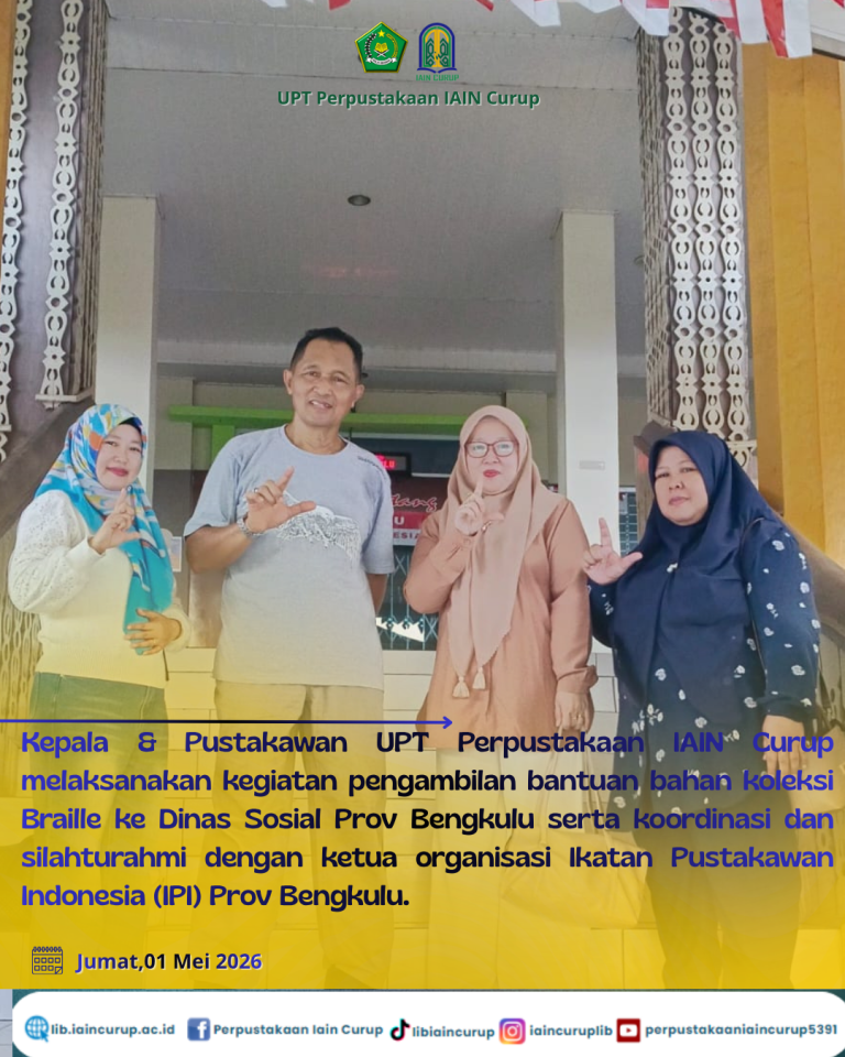 Kepala dan Pustakawan UPT Perpustakaan IAIN Curup Ambil Bantuan Koleksi Braille dan Perkuat Jejaring Kepustakawanan di Bengkulu
